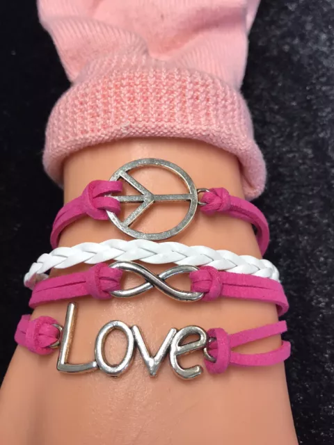 Fashion Leather Wrap Charm Bracelet Pink White & Silver with Infinity Love Peace