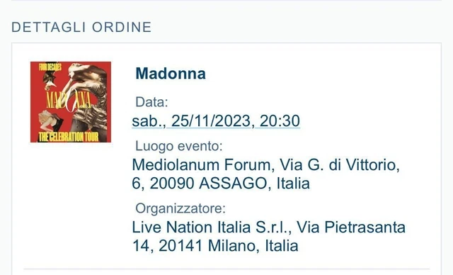 2 biglietti concerto MADONNA - 25/11 - Settore 1, B23, Fila 6, posti 1 e 2