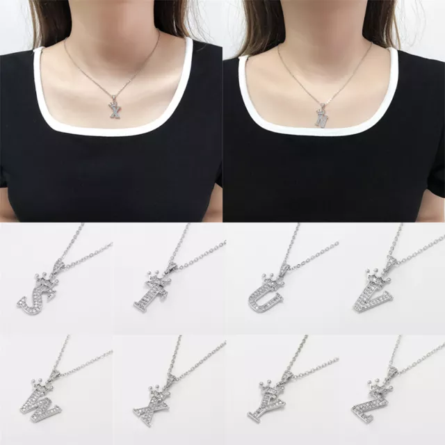 Unisex Crystal A-Z Alphabet Letter Pendant Necklaces Vintage Crown Chain Jewelry