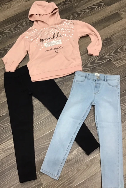 Girls Age 6-8 Bundle River Island Denim Jeggings, Leggings, Pink Star Hoodie/Vgc