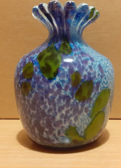 Handmade Guernsey Channel Island Studio Glass Vase Mottled Green & Blue 4"