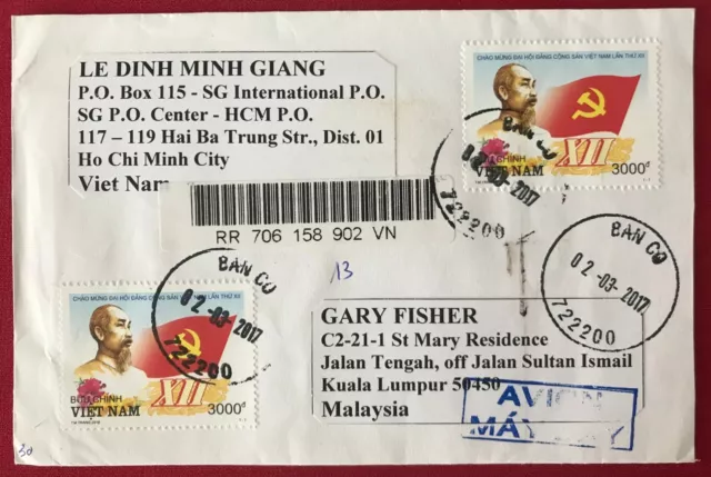 Vietnam 2017 Reg Cover to Msia cw 2 x 3000d HCM & Blk8 3000d Pagoda stamps. Used