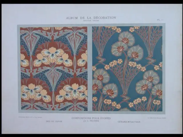 French Art Nouveau Ornaments, Flowers -1900 Print - Pilters, Iris, Geranium