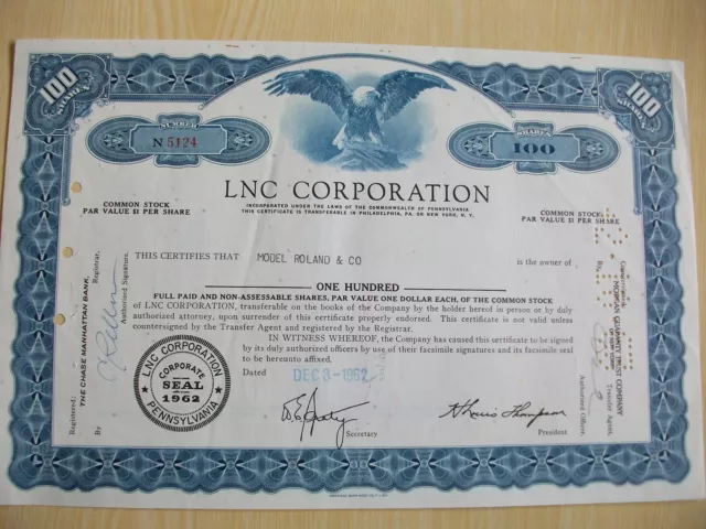 American Share Certifcate 1962 Lnc Corporation  + Eaton & Howard Fund