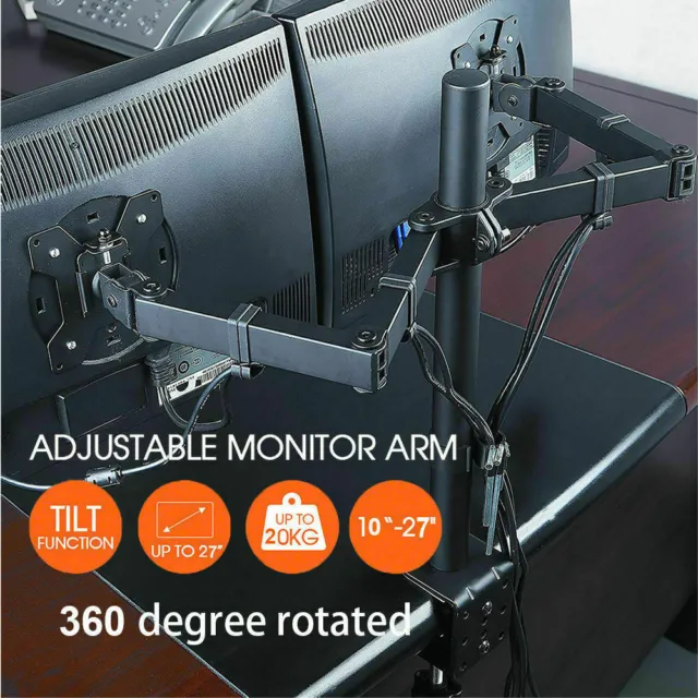 10"- 27" Fully Adjustable Double Monitor Bracket Dual Arm Desk Stand Stable LED 3