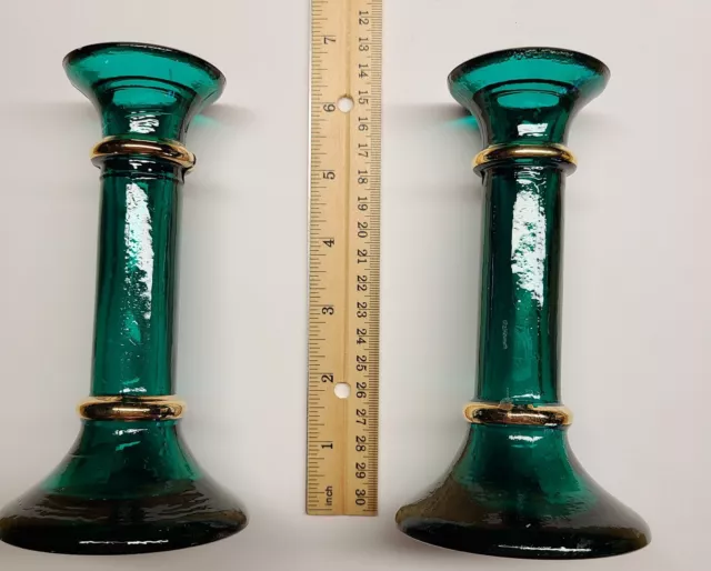 Old Teal Green Glass Candle Stick Holders. Set of 2. Gold Trim. 6". 1980s. 3