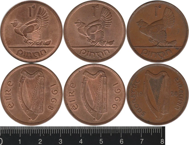 Ireland: 1928, 66, 68 1 Penny Irish Free State Hen & Gaelic Harp bronze 1d (3)