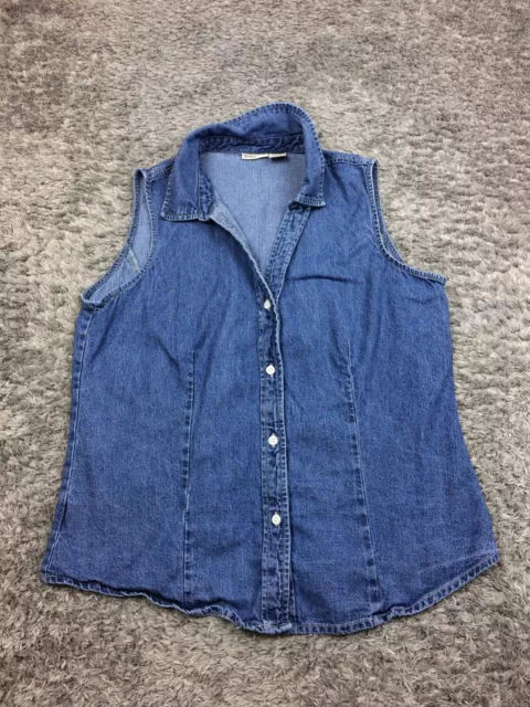 St Johns Bay Denim Button Up Shirt Womens Size Large Blue Sleeveless Jean