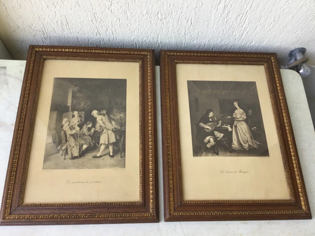 Lot 2 Cadres Bois Signé Loux - Reproductions Peintures Maisons Alsaciennes - 28x27cm