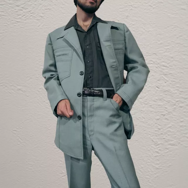 Mens VTG 70s 2 PC Light Green Leisure Suit Sz 42 R 1970s Disco Polyester
