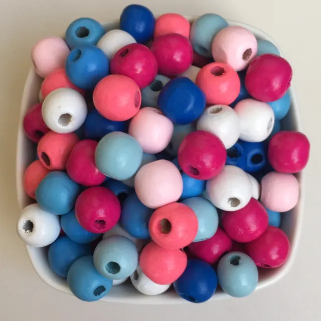25X Wooden Macrame Beads 14mm Mixed Pastel Multi Colour Craft Wood Bead 4mm hole