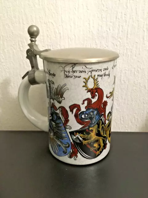 Bierkrug verschiedene Wappen mit Zinndeckel von Kurt Hammer