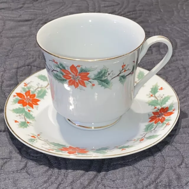 Vintage Trisa Fine China Teacups With Saucers Pattern 1693 - Poinsettias & Holly