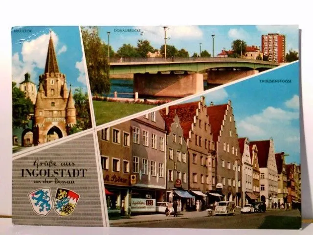 Mehrbild AK Grüße aus Ingolstadt an der Donau. Kreuztor, Donaubrücke, Theresiens
