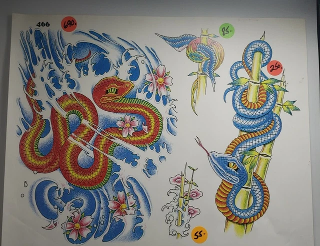 Hoja flash vintage de arte para tatuajes de serpientes de agua