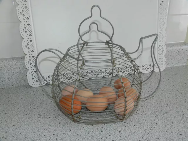 Vintage wire teapot chicken duck EGG gathering basket farmhouse cottage decor