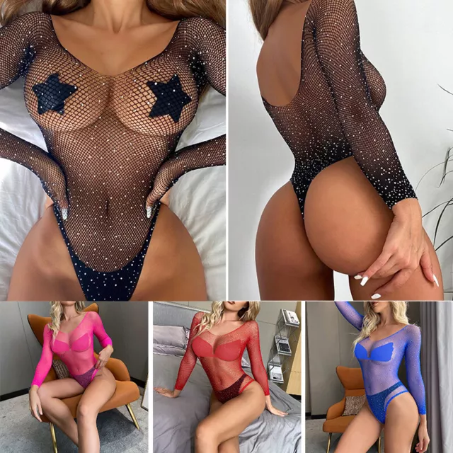 Femmes Sexy Lingerie Paillette Cristal Strass Résille Body Robe Vêtemen *