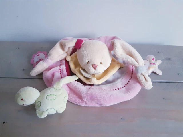DOUDOU et Compagnie doudou plat rond rose lapin tortue