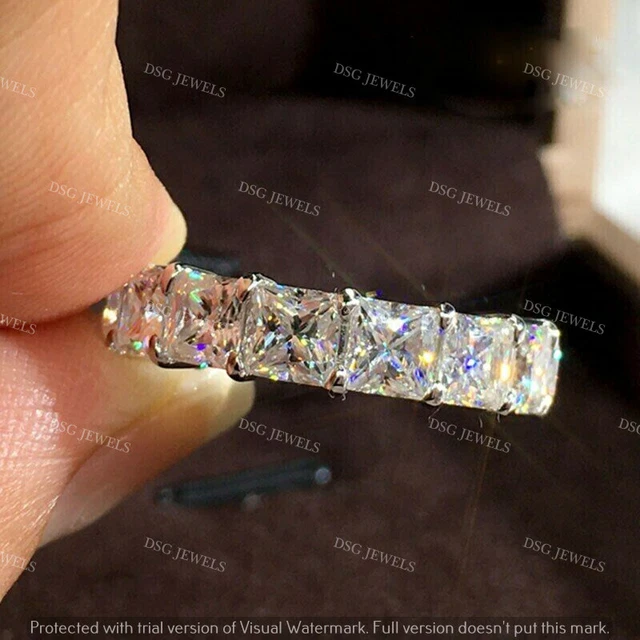 2.1 Carat 7-Stone Princess Cut Moissanite Ring - D Color VVS1, Sterling Silver With 18K White Gold Plated, Channel Set Wedding Band (Size 11.5)