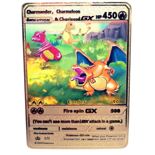 Pokemon Gold Solid Metal Card Evolution Charmander, Charmeleon & Charizard GX