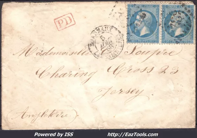 France Paire N° 22 Sur Lettre Pour Ile De Jersey + Cad Bordeaux Du 05/08/1866