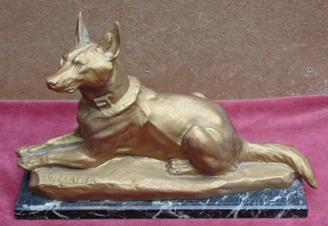 magnifique rare ancien grand chien signé TH CARTIER très fin détail patine bronz