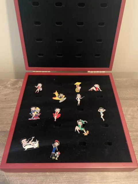 The Betty Boop Pin Collection Lot of 11 w/ Wood Display Case Hat or Lapel Pins