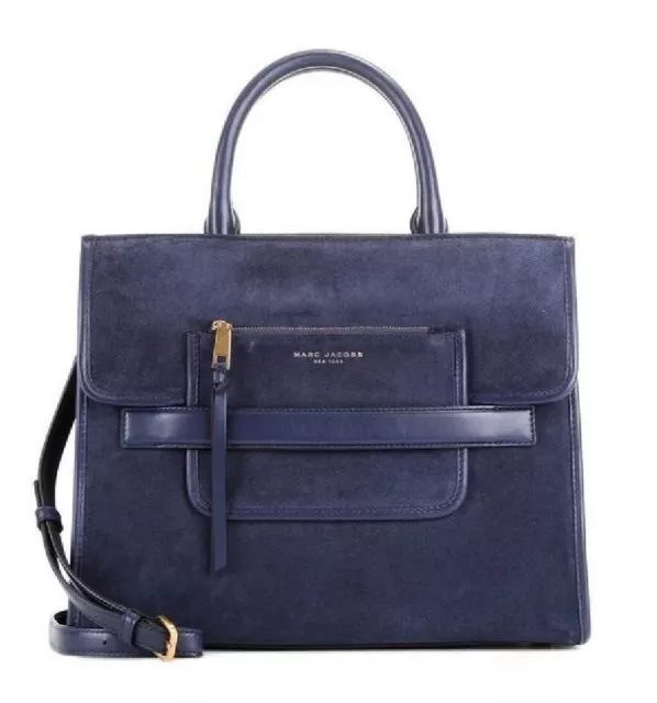 Marc Jacobs Madison Navy Blue Suede Tote Shoulder Bag Dual Handle w/ Strap $700