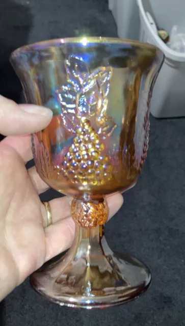 Vintage Indiana Carnival Glass Marigold Goblet Iridescent Amber Harvest Grape