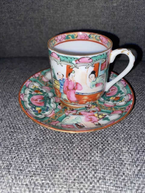 Antique Rose Medallion Demitasse Tea Cup & Saucer Court Scene Birds wButterflies