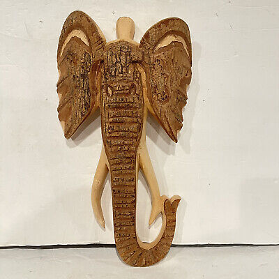 Kenya Hand Carved Wooden Elephant Head Wall Hook Art Wood Hanger Vintage Rare