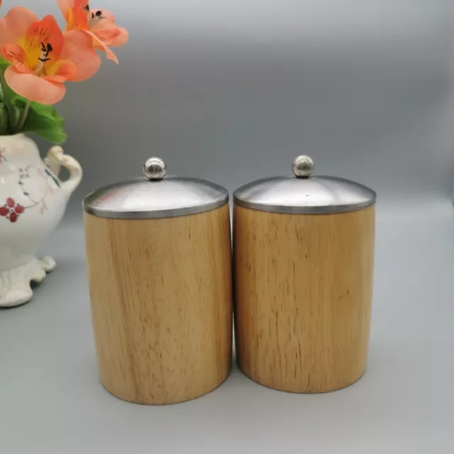 Pair Of Wooden Kitchen Storage Pots With Metal Lids Cylindrical. Tea And Coffee