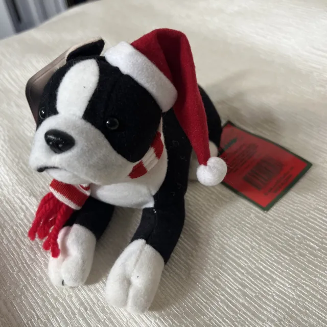 Vintage 1998 Boston Terrier Dog W/Santa Hat Christmas Stuffins Plush Tags 7”