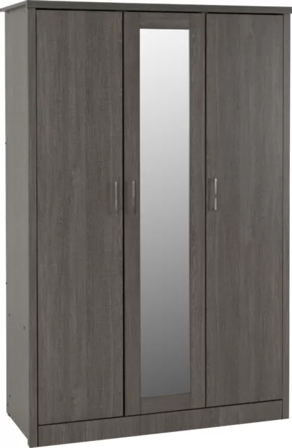 Lisbon 3 Door 1 Drawer Shelved with Mirror Wardrobe in Black Wood Grain Effect