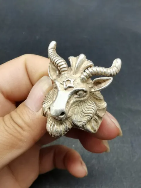 Old Chinese tibet silver handcarved sheep head Ring 2