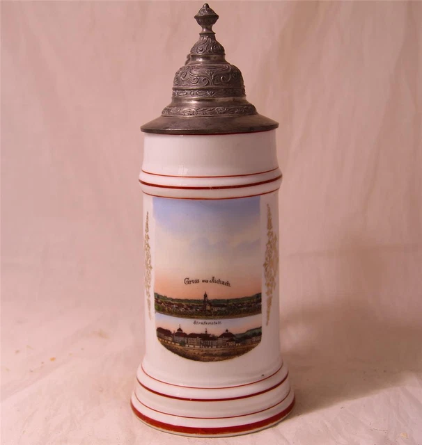 Antique German Porcelain Beer Stein City of Aichach Souvenir w/Prison c.1909