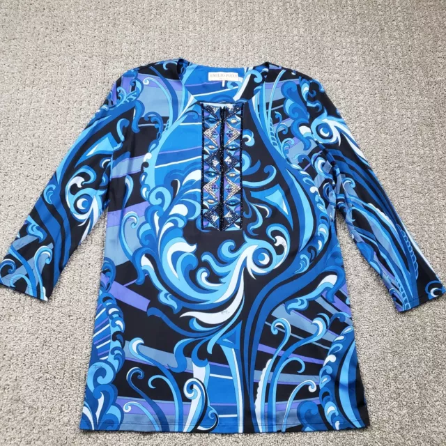 EMILIO PUCCI Dress size 14 Minidress Blue Paisley Italy Abstracted Jeweled