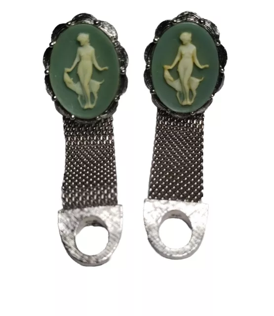 Mens Vtg Swank Green Cameo Incolay Greek Goddess Dog Saluki Mesh link Cufflinks