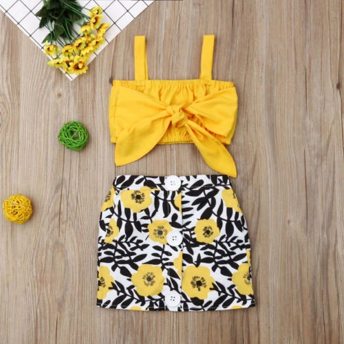 2PS Toddler Kid Baby Girl Sweet Summer Outfit Set sling Tops Sunflower Skirt