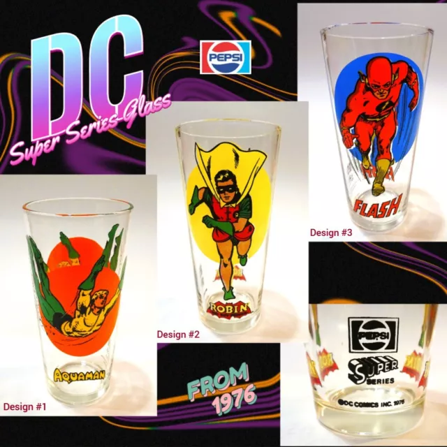 VTG 1976 DC Comics Super Series Pepsi Glass Cup Aquaman, Robin, Flash 4 U Choice