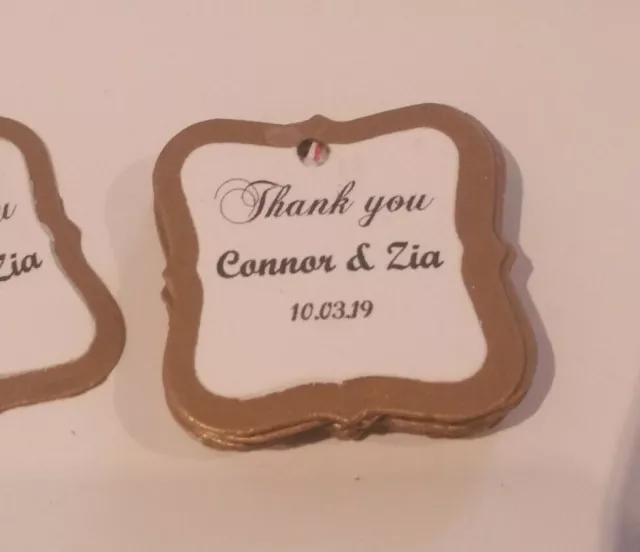 Vintage personalize cream/gold gift tags,Pk-100."Thank you,names & date. 4×4cm