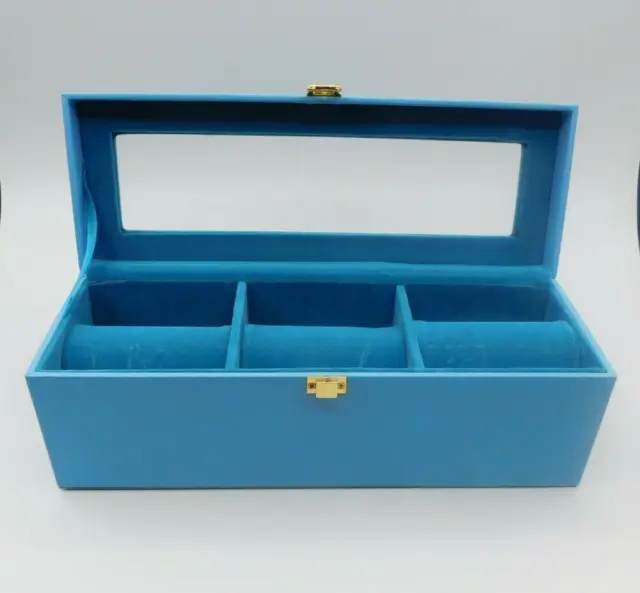 Bracelet Jewelry Box with Clear Top and Front Clasp Blue Faux Leather
