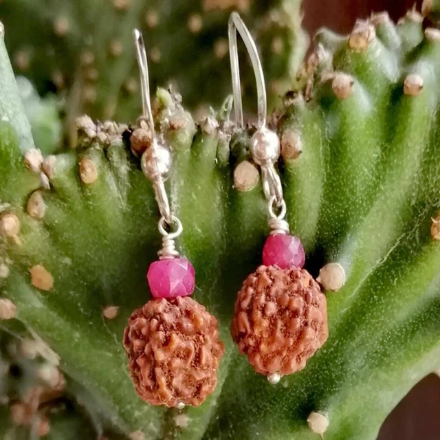 Fashion 6mm natural brown round Rudraksha ruby silver earrings Holiday gifts