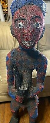 38" Tall Antique African Bamileke African Male Holding Object Tribal Wood Statue