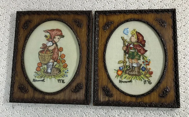 Juego de 2 bordados Hummel Crewel Niña y Niño 1976 con acabado