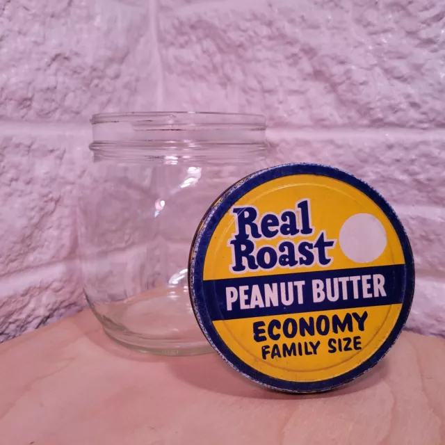 Real Roast Vintage Peanut Butter Glass Jar Lid Economy Family Size Advertising
