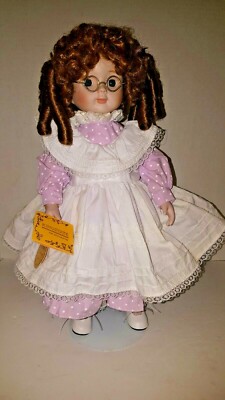 Kingstate 15" Porcelain Doll Brown Hair Blue Eyes Purple/ White Dress with stand