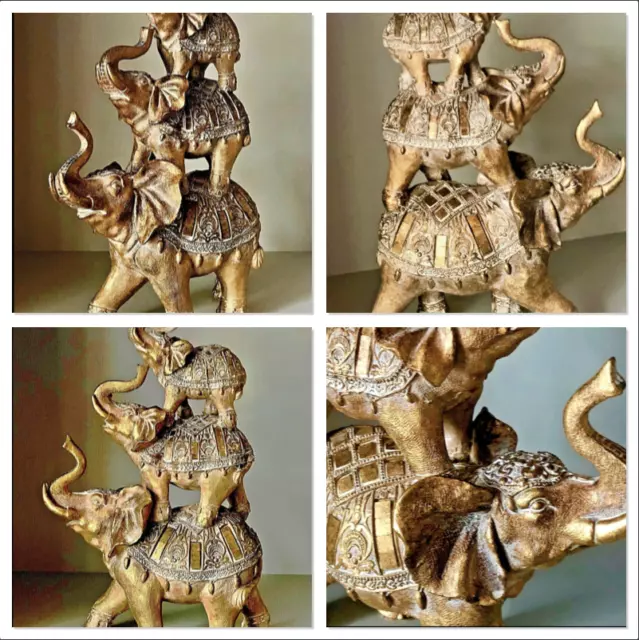 Gold Elephant Family Ornament 3 Stacked Elephants Statue Floral Design Figurine