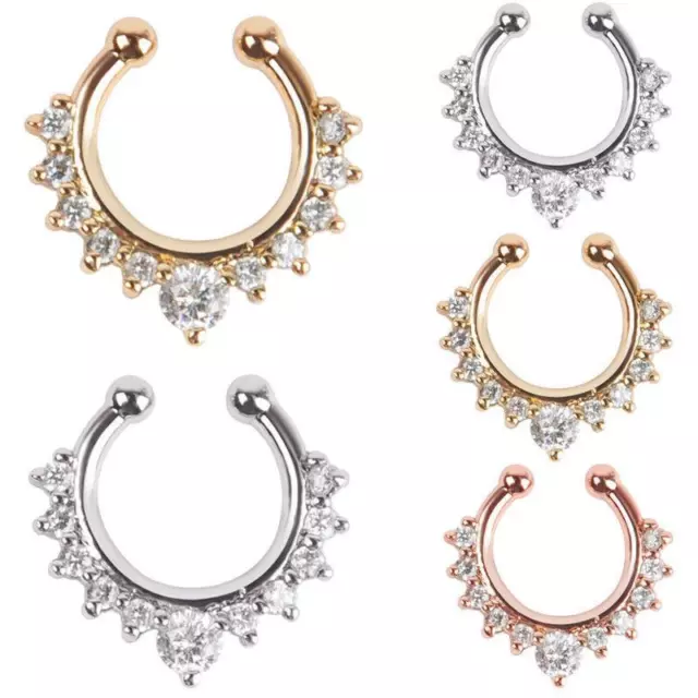 Non Piercing Fake Clip On Septum Clicker Hanger Nose Ring Hoop Silver Clear  Hb