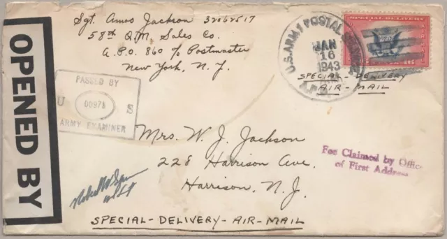 16¢ U.S. Airmail Special Delivery CE2 U.S. Army APO 860 (Iceland), Jan. 16, 1943